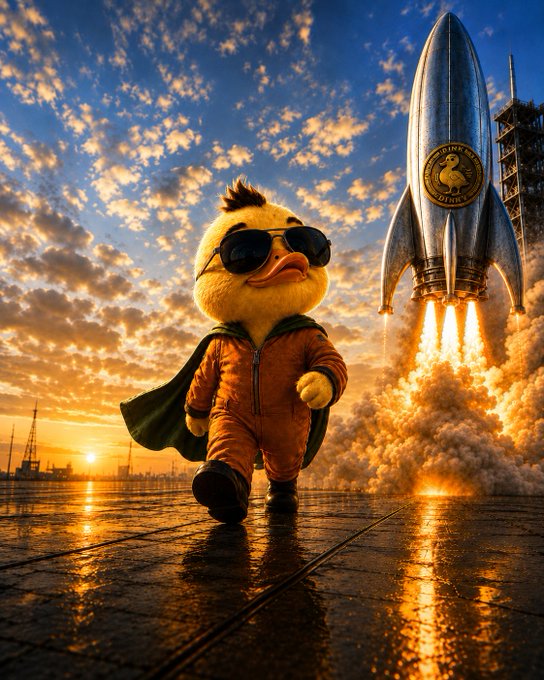 A stylized image of a duck wearing sunglasses and a brown jacket walking forward against a sunset sky, with a retro rocket launching in the background.
