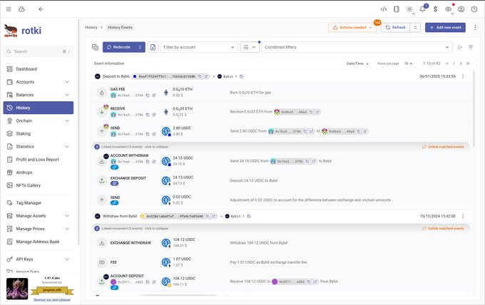 A screenshot of the Rotki History interface displaying 'History > History Events,' with an 'Actions needed' warning badge and a list of transactions including 'GAS FEE', 'RECEIVE', 'SEND', 'ACCOUNT WITHDRAW', 'EXCHANGE DEPOSIT', and 'FEE'.