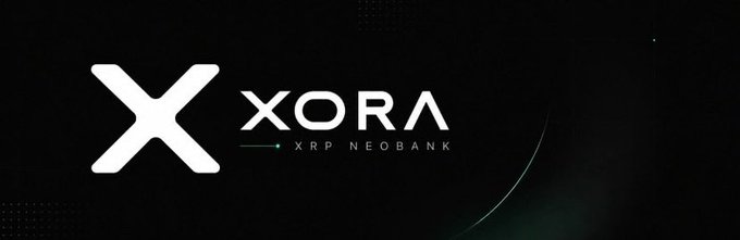 A sleek black logo image displaying "XORA — XRP NEOBANK" alongside a bold stylized "X" symbol, representing the fintech platform highlighted in the post as a purpose-built solution on the XRP Ledger that enables users to earn, spend, and transact with XRP efficiently.