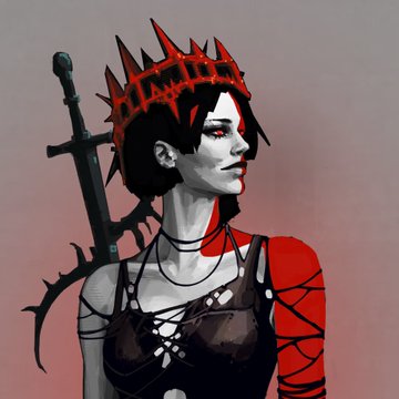 A stylized illustration of a dark fantasy female character with pale skin, wearing a red spiked crown and dark attire, with a large sword strapped to her back.
