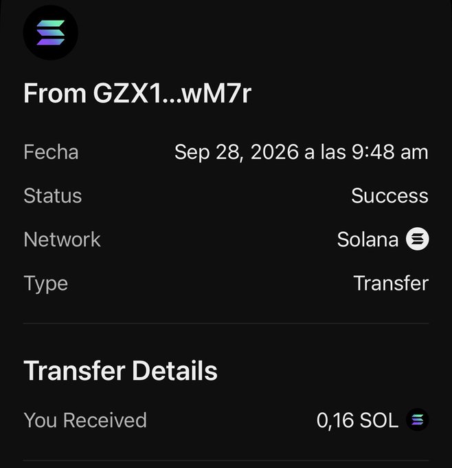 Solana wallet transaction confirmation showing 'From GZX1...wM7r' with 'Status: Success', 'Network: Solana', 'Type: Transfer' on Sep 28, 2026, and 'Transfer Details: You Received 0,16 SOL'.