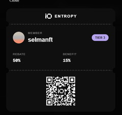 Entropy mobile app screen showing a member profile for "selmanft" at Tier 3 with 60% rebate and 15% benefit, plus a QR code.
