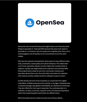 An OpenSea promotional graphic explains that memecoins don't have fungible token characteristics like other NFTs, noting they lack unique properties since supply and demand are the only drivers of their value.