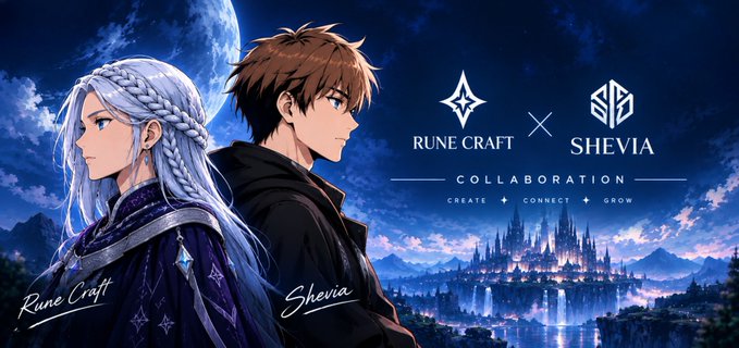An anime-style promotional graphic for a collaboration between 'RUNE CRAFT' and 'SHEVIA' featuring two fantasy characters (a silver-haired woman and a brown-haired man) with the tagline 'CREATE + CONNECT + GROW'.
