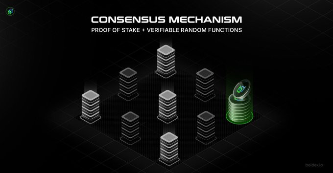 An infographic titled 'CONSENSUS MECHANISM - PROOF OF STAKE + VERIFIABLE RANDOM FUNCTIONS' showing 3D blocks and stacks of coins with the 'beldex.io' logo in the corner.