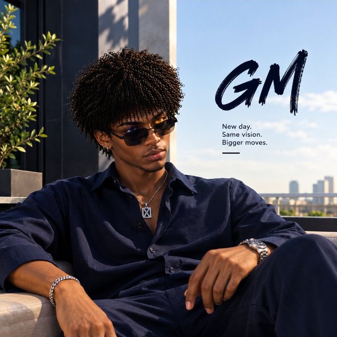 A young man with curly hair and sunglasses sits on a balcony wearing a navy button-down shirt and silver jewelry, accompanied by the text 'GM' and 'New day. Same vision. Bigger moves.'