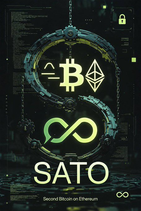 The image features a poster for a cryptocurrency called Sato. The poster has a dark background with neon green elements that make it stand out. It includes two Bitcoin symbols, one of which is a chain symbol, and an infinity symbol. The text on the poster reads "Second Bitcoin on Etherum" and "With the recent ultimate harvest crash of meme coins like $H $SAHARA, it'S downright chilling! I've made some money on these meme coins, more or less, but every day I live in fear of the Sword of Damocles dropping!".