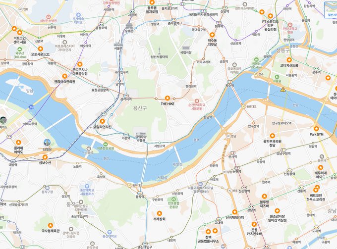 A map of Seoul, South Korea, showing the Han River, Yeouido area, and various neighborhoods in Korean text.