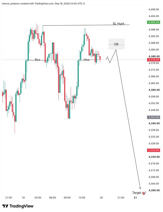 A TradingView candlestick chart created by hamza_analisys showing price levels labeled 'SL Hunt', 'OB', 'Boss', 'Miss', and a 'Target' at 4,300.