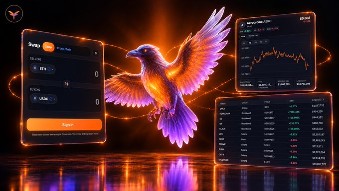 A crypto trading interface featuring a glowing fiery eagle in the center, flanked by a swap panel for ETH/USDC and a price chart for Aerodrome AERO showing $0.808.