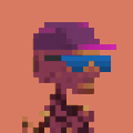 Pixel-art artwork shows a small person wearing a blue visor against a peach-colored background.