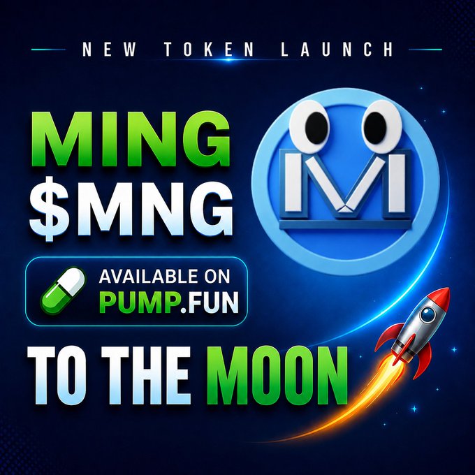 A vibrant promotional graphic for a 'NEW TOKEN LAUNCH' of 'MING $MNG' available on 'PUMP.FUN' with a rocket illustration and the slogan 'TO THE MOON'.