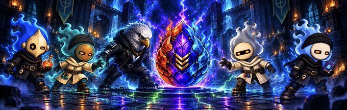 Fantasy characters and a bird warrior pose before a glowing purple and gold emblem in a dark magical hall.