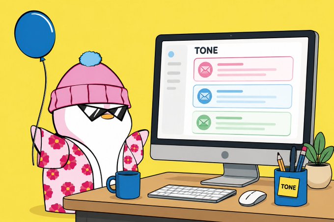 A cartoon penguin wearing sunglasses, a pink beanie, and a floral shirt sits at a desk with a computer displaying an inbox labeled 'TONE', holding a blue balloon.