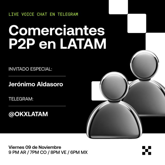 Promotional graphic for a live voice chat on Telegram titled 'Comerciantes P2P en LATAM' with special guest Jerónimo Aldasoro on Friday, November 9th at various times across Latin America.