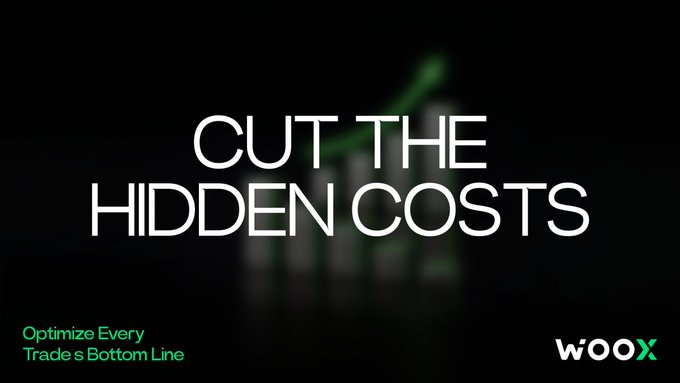 The image features a banner with white text that reads "Cut the hidden costs" and an arrow pointing towards a green upward-pointing arrow, which suggests a positive direction or change. The background of the image is black, making the white text stand out prominently. The text also includes the website name "woox.io/blog/fee-updat".