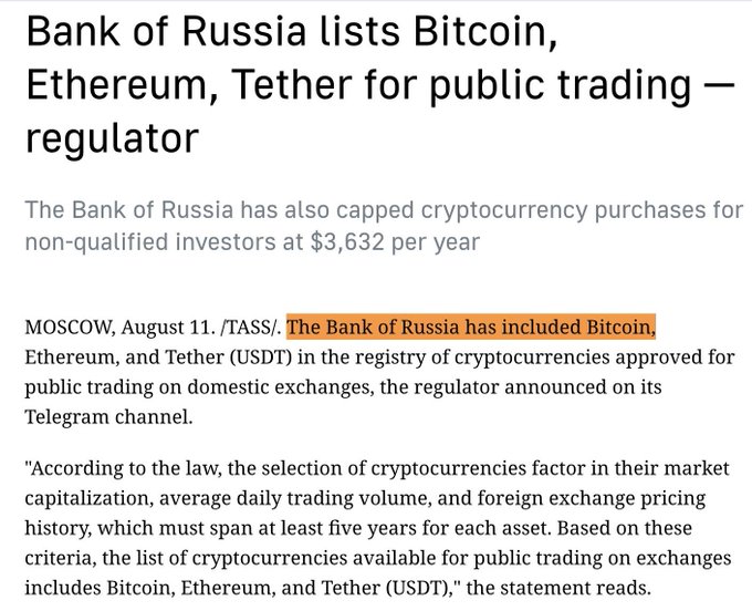 This image shows a news article screenshot with the headline "Bank of Russia lists Bitcoin, Ethereum, Tether for public trading — regulator," reporting that the Bank of Russia approved BTC, ETH, and USDT for public exchange trading while capping non-qualified investor purchases at $3,632 annually, which directly confirms the accompanying post about Russia's approval of these three cryptocurrencies for public trading.
