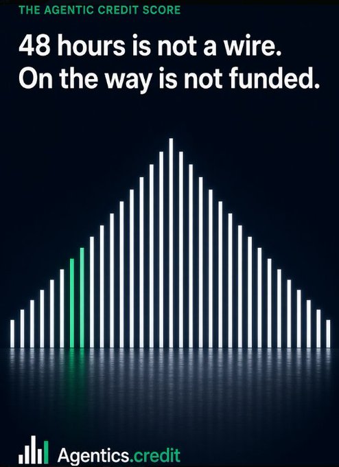 An advertisement for 'Agentics.credit' displaying the text 'THE AGENTIC CREDIT SCORE: 48 hours is not a wire. On the way is not funded.'