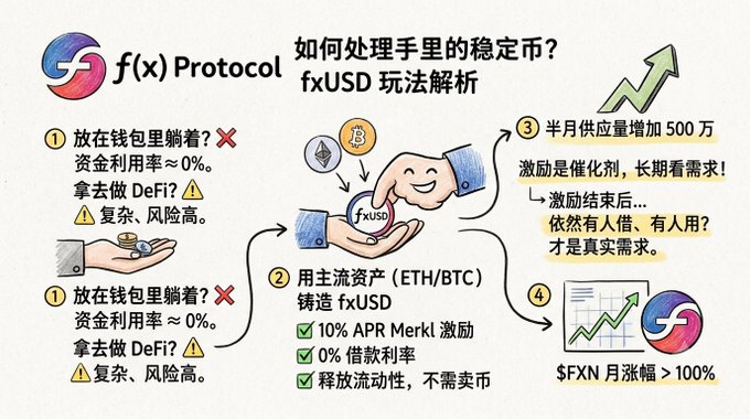 An infographic in Chinese explaining 'f(x) Protocol' and 'fxUSD', detailing strategies for handling stablecoins, including minting fxUSD from ETH/BTC for 10% APR Merkl incentives, with monthly supply increasing by 5 million and $FXN monthly gains over 100%.