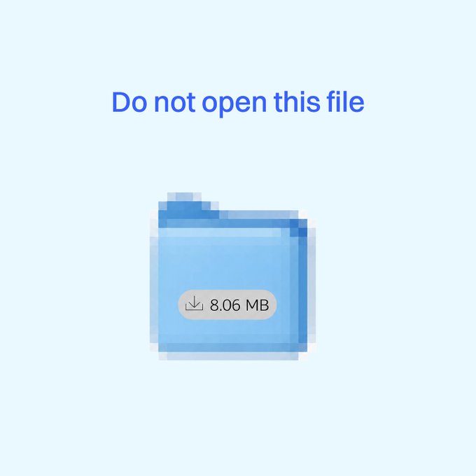 The image shows a digital file folder icon labeled "8.06 MB" with the text "Do not open this file" displayed above it on a light blue background. This visually reinforces the warning message "Don't Click." by depicting a file that the viewer is being cautioned against opening.