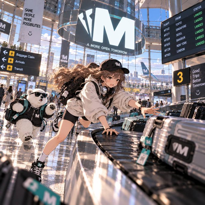 An anime-style illustration of a girl in a white hoodie and black cap with an 'M' logo running through an airport baggage claim area with a small white bear companion wearing sunglasses and a matching 'M' shirt, with prominent 'M' branding and flight information displays in the background.