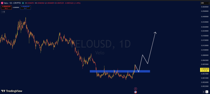 A TradingView daily candlestick chart of VELO/USD shows the cryptocurrency at $0.004329, down 1.4%, with a white arrow drawn on the right side suggesting an anticipated breakout from a blue horizontal support zone (~$0.00406) toward higher levels, visually reinforcing the post's bullish long-term outlook for $VELO.