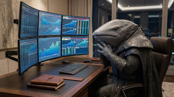 A reptilian humanoid in dark armor sits pensively before a multi-screen trading setup displaying candlestick charts and data tables. The image humorously pairs with the post's jab at "TA bros," suggesting that even an alien lizard analyzing charts would have the same obvious insight about support and resistance levels.