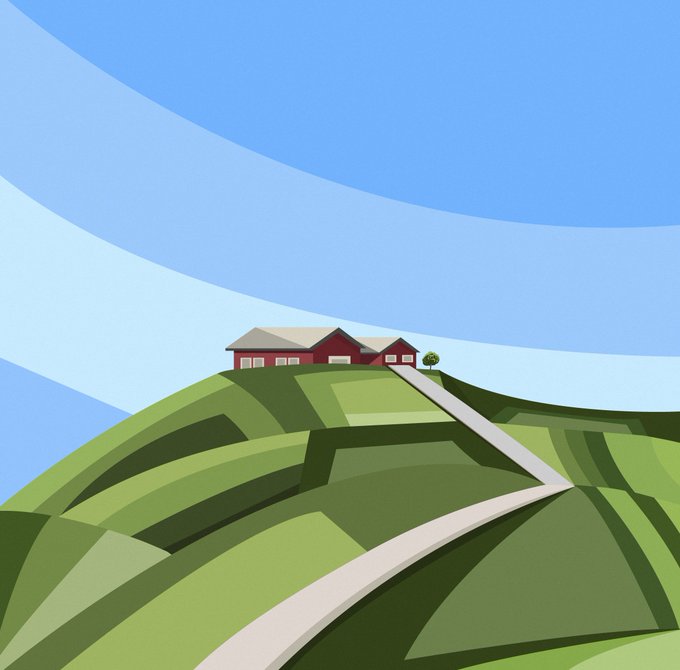 A stylized, minimalist digital illustration of rolling green hills with geometric field patterns, a winding road, and red farm buildings under a blue sky.