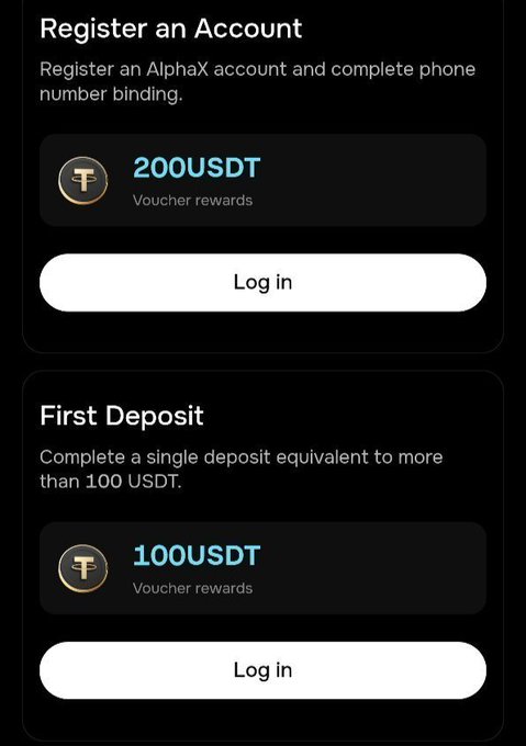 The image displays a registration rewards page from AlphaX, highlighting a 200 USDT voucher for new account registration with phone binding and a 100 USDT voucher for completing a first deposit, each accompanied by a "Log in" button. This visually reinforces the accompanying post's promotion of new user bonuses on the AlphaX platform.