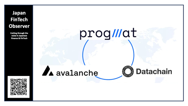 A graphic for 'Japan FinTech Observer' featuring logos for Progmat, Avalanche, and Datachain, with a subtitle about cutting through the noise in Japanese Finance & FinTech, alongside a QR code.