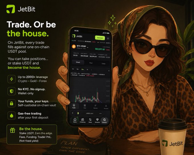 A JetBit cryptocurrency trading advertisement featuring a woman in a leopard-print shirt and sunglasses holding a phone displaying a BTC-PERP trading chart, with the tagline 'Trade. Or be the house.' highlighting features like 2000x leverage, no KYC, and self-custodial vaults.