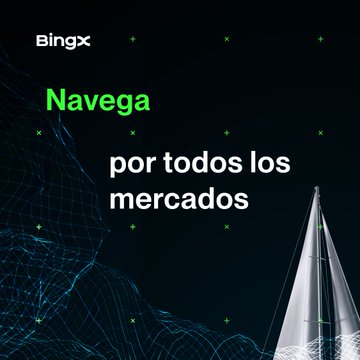 A BingX promotional graphic with the text 'Navega por todos los mercados' (Navigate all markets) in Spanish, featuring a stylized sailboat against a dark background with green grid patterns.