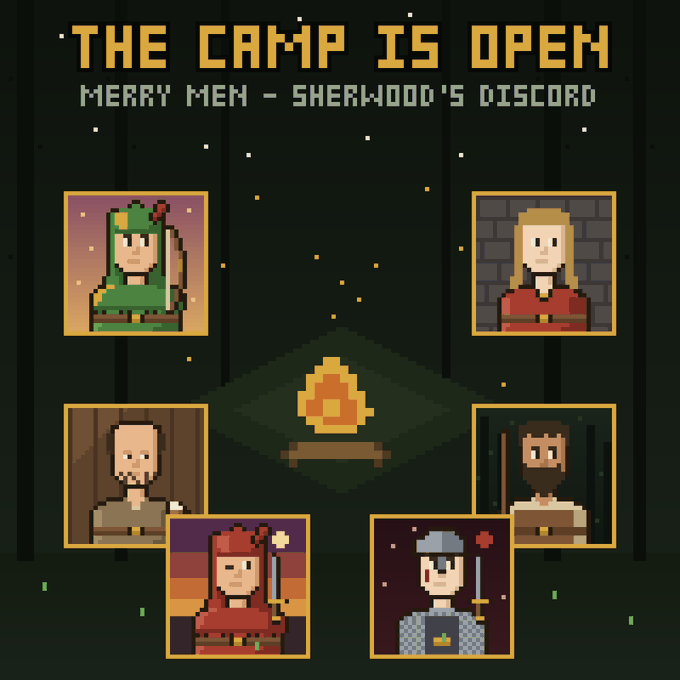 Pixel art promotional graphic titled 'THE CAMP IS OPEN - MERRY MEN - SHERWOOD'S DISCORD' featuring six framed character portraits of Robin Hood and his merry men around a campfire icon.