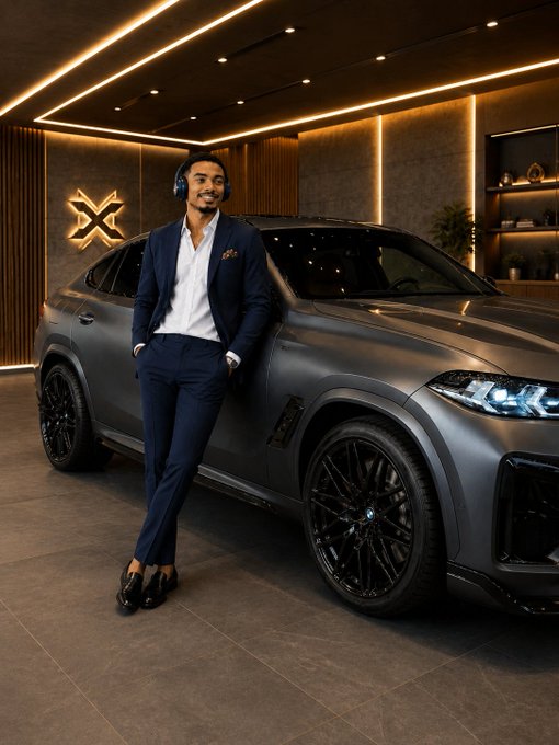 A man in a navy blue suit and white shirt wearing headphones leans against a matte gray BMW SUV in a modern, dimly lit showroom with recessed lighting.