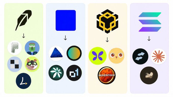 A graphic showing four cryptocurrency project logos (feather/leaf icon, blue square, BNB-style cube, and Solana) each with arrows pointing down to associated token logos including PayPal, Shiba Inu, Dogecoin, XRP, ADA, SOL, BNB, and Marscoin.