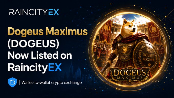 Promotional graphic announcing the listing of Dogeus Maximus (DOGEUS) on RaincityEX, featuring a Shiba Inu dog dressed as a Roman gladiator warrior in golden armor against a dark background with network graphics. The image's taglines and the "Wallet-to-wallet crypto exchange" branding visually support the post's announcement of new trading pairs (DOGE/DOGEUS, ARENA/DOGEUS, SOL/DOGEUS, and BTC/DOGEUS) launching on June 28, 2026.