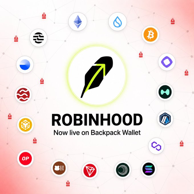 A promotional graphic featuring the green and black feather logo of Robinhood with the text 'ROBINHOOD Now live on Backpack Wallet', surrounded by various cryptocurrency icons and padlock symbols.