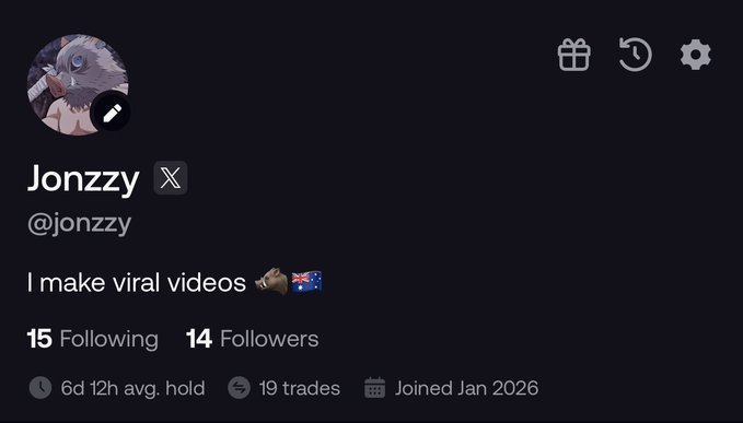 A dark-themed social media profile for 'Jonzzy @jonzzy' with the bio 'I make viral videos' and a koala avatar, showing 15 Following, 14 Followers, 6d 12h avg. hold, 19 trades, and Joined Jan 2026.