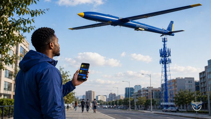 A Black man in a blue jacket uses his smartphone on a city sidewalk while a blue aircraft flies above a communications tower in the background.