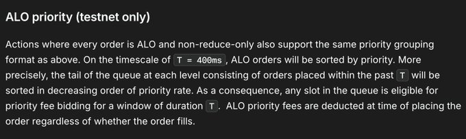 This image shows the "ALO priority (testnet only)" documentation, detailing how ALO orders are sorted by priority within a T = 400ms timescale, with priority fees deducted at the time of order placement. This directly relates to the post as it explains the expansion of priority fees to ALO orders on testnet, allowing makers to bid for queue position.
