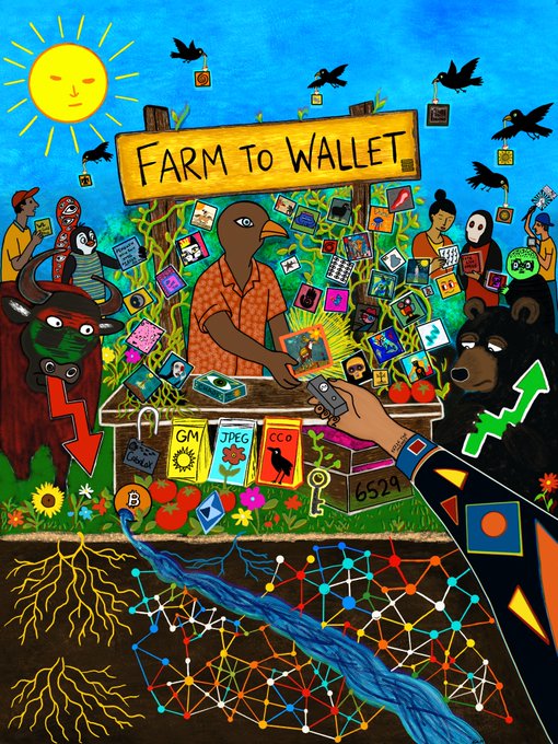 A vibrant illustration titled 'FARM TO WALLET' showing a farmer at a stall with NFT/crypto imagery, animals, a bear with a green up-arrow, and underground network/root visualizations.
