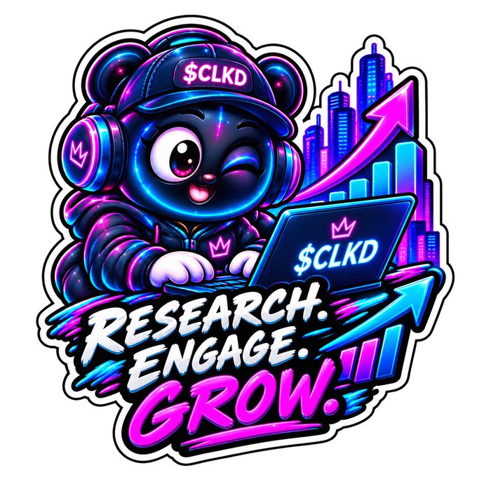 A vibrant cartoon-style sticker featuring a winking bear character wearing a cap labeled '$CLKD' and headphones, typing on a laptop displaying '$CLKD' with city skyline graphics and an upward arrow, accompanied by the text 'RESEARCH. ENGAGE. GROW.'