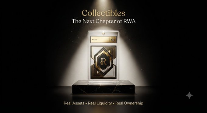 A promotional graphic titled 'Collectibles: The Next Chapter of RWA' displaying a glowing display case with a gold emblem marked 'R', with the tagline 'Real Assets • Real Liquidity • Real Ownership'.