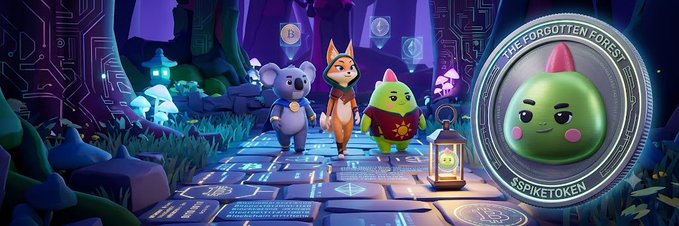 A vibrant digital illustration shows a koala, fox, and green creature walking along a glowing tech-themed stone path through a mystical purple forest, alongside a lantern and a coin labeled "THE FORGOTTEN FOREST" and "$SPIKETOKEN." The whimsical onchain adventure scene visually reinforces Sleepagotchi's concept of turning nightly rest into gamified, blockchain-based progress and rewards.