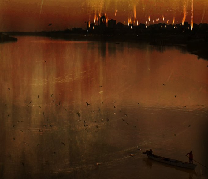 A moody, atmospheric painting of a lone figure poling a small boat across a dark river at sunset, with a glowing orange city skyline in the distance and silhouetted birds scattered across the water—the post "QT your favorite artwork" suggests sharing this evocative scene as a cherished piece.