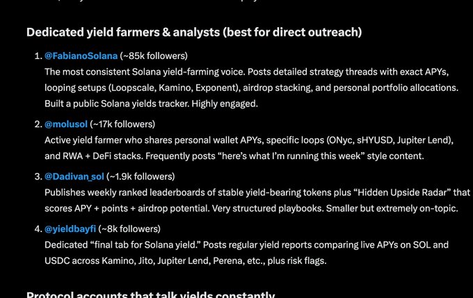 A dark-themed list of "Dedicated yield farmers & analysts (best for direct outreach)" on Solana, featuring accounts like @FabianoSolana (~85k followers), @molusol, @Dadivan_sol, and @yieldbayfi with descriptions of their content.