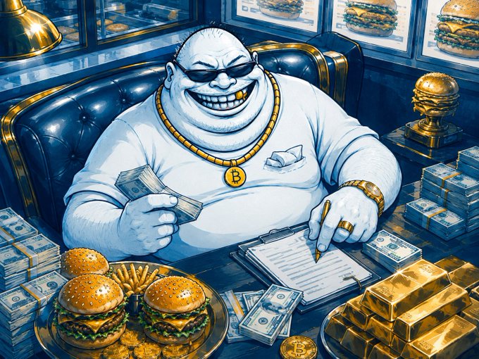 A digital illustration depicts a heavily tattooed, smiling man wearing sunglasses and a gold "B" chain, surrounded by stacks of cash, gold bars, and plates of burgers.