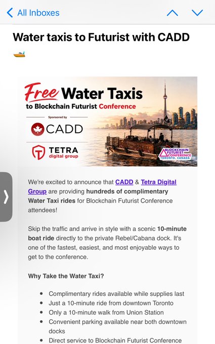 An email screenshot titled "Water taxis to Futurist with CADD" advertising free water taxi rides to the Blockchain Futurist Conference, sponsored by CADD and Tetra Digital Group, with a Toronto skyline image.
