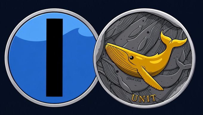 Two circular crypto token logos on a dark background: a blue token with a black vertical bar on the left and a gray token featuring a golden whale with 'UNIT' inscribed on the right.