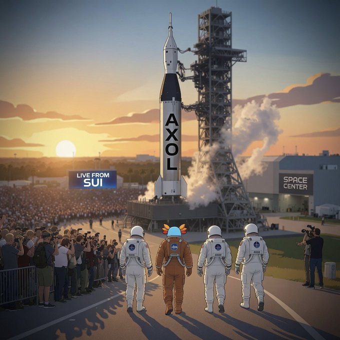 An anime-style illustration depicts a rocket launch scene at a "SPACE CENTER" with a rocket labeled "AXOL," astronauts including the blue axolotl character "SUI" (LIVE FROM SUI), and a crowd of spectators with cameras.